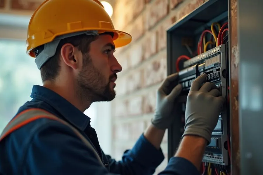 electrician repairing a home breaker box in ascot